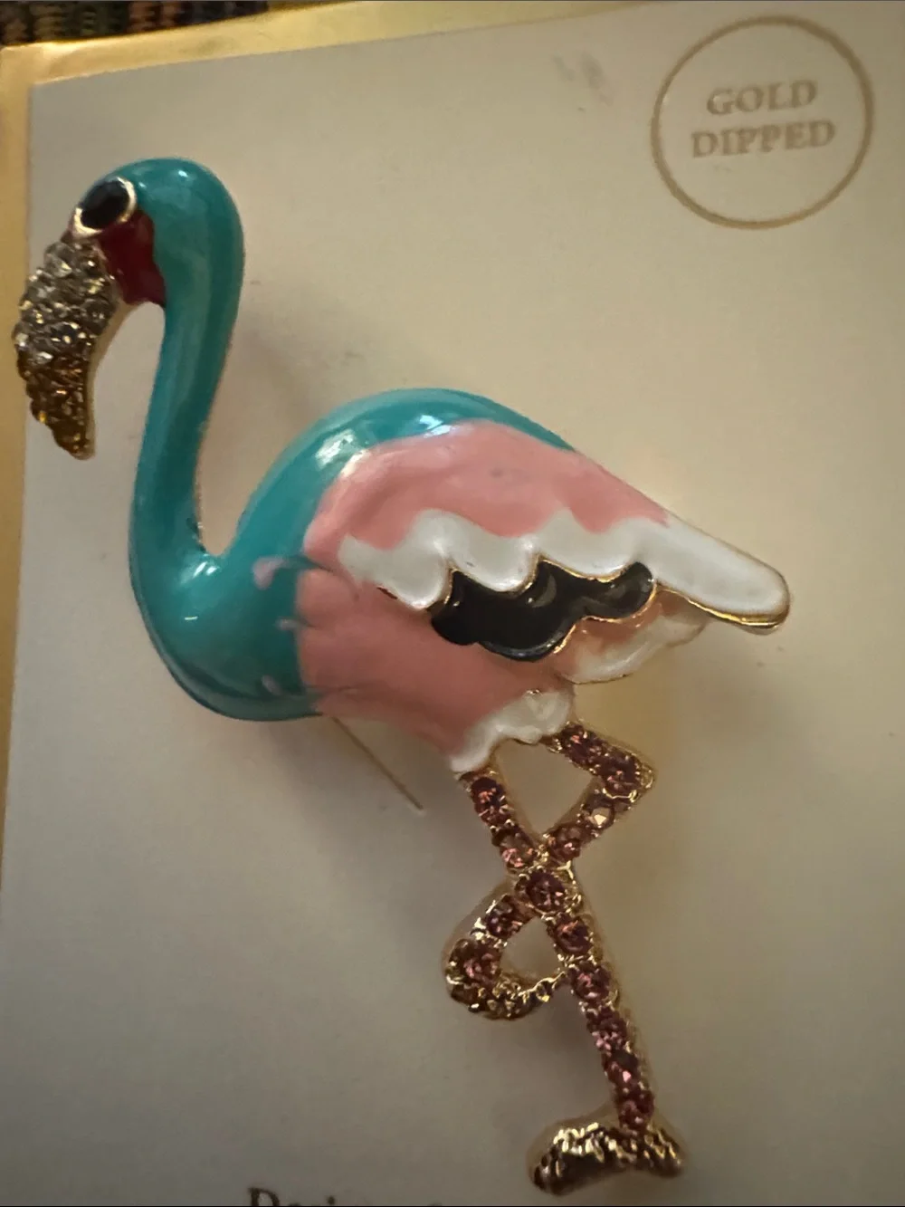 Gold-Dipped Pink & Teal Flamingo Brooch